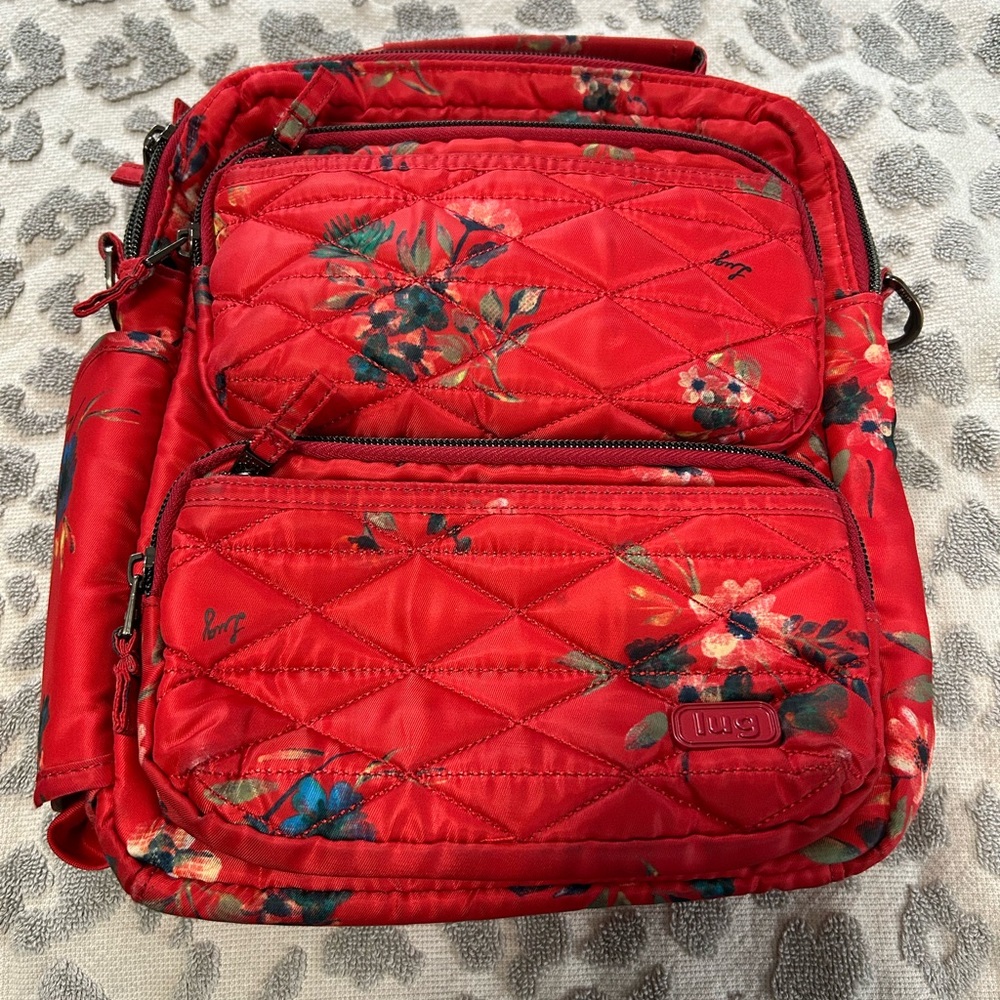 Lug Compass Bouquet Red Quilted Crossbody with Floral Design - GUC